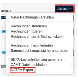 Rechnungsübersicht Aktionen DATEV Export auswählen