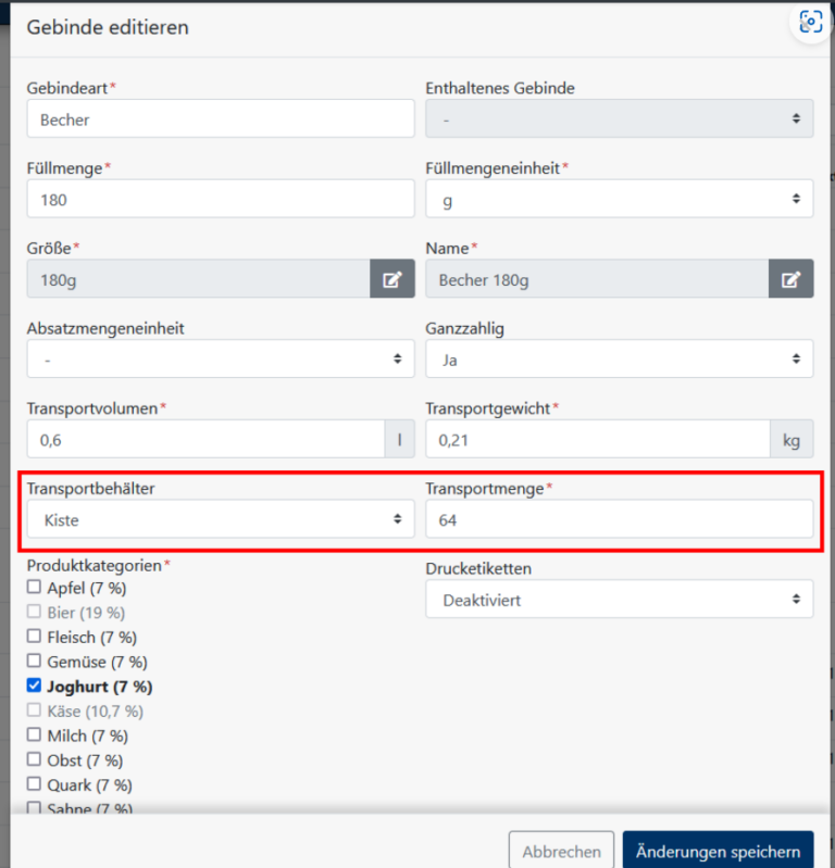 Gebinde bearbeiten bei FrachtPilot und Pfand automatisch berechnen