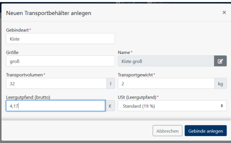 Transportbehälter anlegen